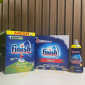 Combo Viên rửa bát All in 1 100 viên + Muối Finish 4kg + Nước làm bóng Finish 400ml hương chanh