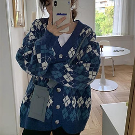 MS780 Áo khoác len cardigan kim cương form dài rộng cổ tim Hàn Quốc