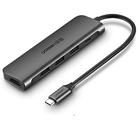 Hình ảnh Cáp chuyển đổi USB-C dương Sang 1*HDMI âm, 3*USB 3.0 âm có kèm cổng USB-C Power PD vỏ bọc nhôm dài 15cm màu Xám bạc Ugreen TC50209CM136 Hàng chính hãng.