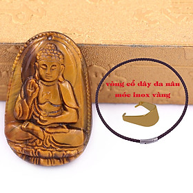 Mặt Phật A di đà đá mắt hổ kèm vòng cổ dây da nâu + móc inox vàng, mặt dây chuyền Phật bản mệnh, vòng cổ mặt Phật