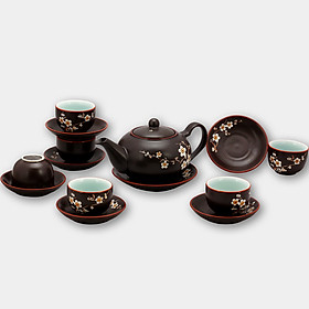 Bộ ấm chén tử sa tròn khắc hoa Đào chính hãng gốm sứ Bát Tràng (bộ bình uống trà, bình trà)