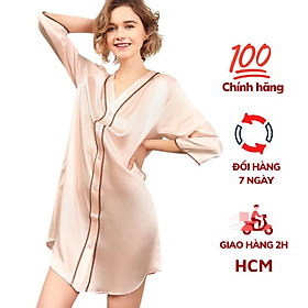 Váy ngủ nữ, váy lụa cao cấp VILADY - V119 kiểu cổ V tay lỡ phối viền màu San hô, chất liệu lụa Pháp ( lụa latin)