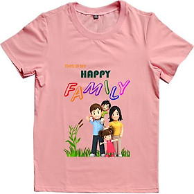 Áo Thun Gia Đình 3 Người In Họa Tiết Happy Family Màu Hồng Ruốc
