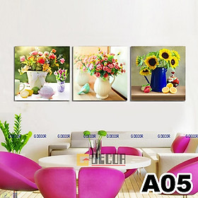 Tranh treo tường vuông canvas 3 bức phong cách hiện đại Bắc Âu A03 tranh lọ hoa trang trí phòng khách phòng ngủ spa - A-05