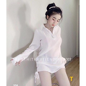 Đầm sơmi lụa cao cấp rút dây cột nơ + Ảnh thật