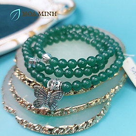 Vòng tay Mã Não xanh ngọc jade 6 li quấn 3 mix Charm Cát Tường charm bướm xinh hợp mệnh Mộc Hỏa - 18cm