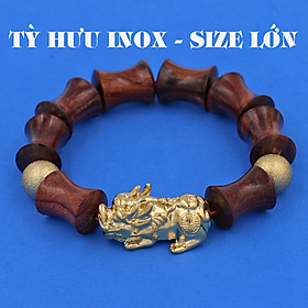 Vòng chuỗi đeo tay gỗ tử đàn ống tre ( size lớn ) charm tỳ hưu và bi inox vàng, vòng tay chuỗi hạt