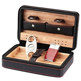 Mua Hộp Đựng Xi Ga 4 Điếu Giữ Ẩm Cầm Tay Kèm Bật Lửa Và Dao Cắt XJ-T104 (Hộp Đựng Màu Đen - bật lửa mẫu ngẫu nhiên)