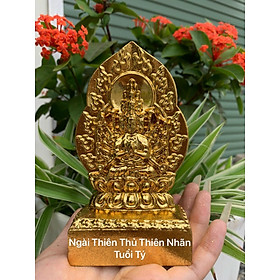 Mua Tượng phật bản mệnh ngài thiên thủ thiên nhãn hợp tuổi ( tý ) bằng gỗ bách xanh pu dát vàng cao cấp  kt 14×8×4cm