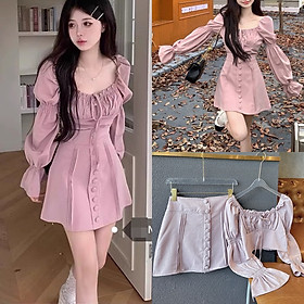ĐẦM SET ÁO CROPTOP CỔ U TAY DÀI LOE BỒNG + CHÂN VÁY NGẮN CHỮ A LƯNG CAO SUÔNG TRƠN ĐI TIỆC DẠO PHỐ ĐI CHƠI ĐI BIỂN