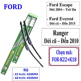 Bộ 2 thanh gạt nước mưa ô tô Nano mềm cao cấp dành cho xe Ford - Escape 2004 - Trở lên; Everest Đời trước - 2015; Ranger Đời trước - 2010 (FOR-K22+K18)