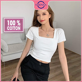 Áo croptop cổ vuông ngắn tay ôm nữ, áo crt hở rốn thun gân 100% cotton đẹp màu đen trắng dưới 50 cân