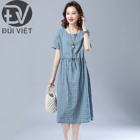 Đầm linen dáng suông chỉnh được eo, đầm công sở thiết kế cổ tròn tay ngắn kẻ caro Đũi Việt Dv168