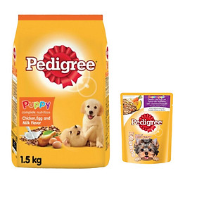 Combo thức ăn cho chó con Pedigree 1,5kg vị gà,trứng và sữa + sốt chó con Pedigree 80g vị gà,gan,trứng và rau