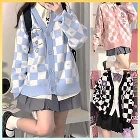 Áo khoác len nữ Cardigan KẺ CARO logo HOẠT HÌNH dễ thương vải dày dặn