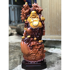 Tượng phật di lặc ngũ phúc gánh cành đào bằng gỗ hương đá tô làm mầu giả cổ kt cao 60×24×15cm