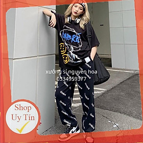 Set bộ OME KA dáng rộng unisex nam nữ mặc được, Màu Đen, áo tay lỡ, quần ống rộng in chữ (kèm video/ảnh thật) NGuyễn Hoa