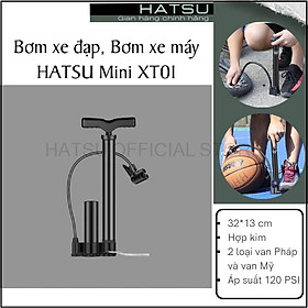 Bơm xe đạp, Bơm xe máy nhỏ gọn HATSU Mini XT01 - Xách tay siêu nhẹ, Áp suất 120 PSI hỗ trợ cả Van Mỹ và Van Pháp