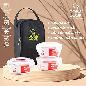 Bộ hộp cơm thủy tinh COBA'COOK gồm 3 hộp tròn 400ml và 1 túi giữ nhiệt với- CCR43BL