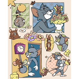 Tranh tô màu theo số Tranh sơn dầu số hoá hình tôm và jerry size 30*40cm kèm khung