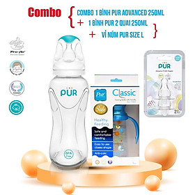 Combo 1 bình Pur Advanced 250ml + vỉ núm Pur size L + 1 bình Pur 2 quai