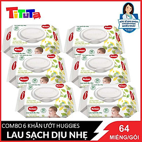 Combo 6 Gói Khăn giấy ướt cho trẻ sơ sinh Huggies không mùi, gói 64 tờ