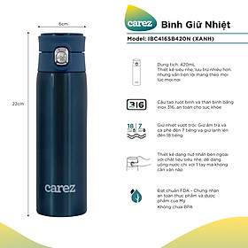 Hình ảnh Bình Giữ Nhiệt Carez IBC416SB420N - Xanh- 420ml, Inox 316, Không chứa BPA - Giữ nóng đến 7 tiếng, giữ lạnh đến 18 tiếng - Hàng chính hãng