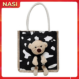 Túi xách nữ dễ thương NASI T1027 túi cói gắn gấu bông cầm tay đẹp có dây kéo thời trang cho nữ công sở, học sinh