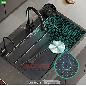 Chậu rửa bát 1 hố lớn inox 304 nano đen Valenza dày 3,5li kèm chậu phụ inox, bộ xả to ngăn mùi-Hàng chính hãng