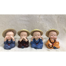 Bộ 04 tượng chú tiểu Tứ Không đeo xâu chuỗi 5cm đội nón chùa