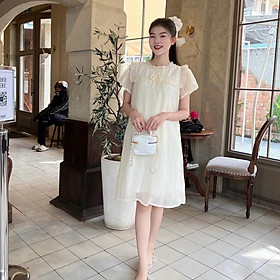 Đầm bầu tơ bèo quanh ngực đính nơ phom suông xinh xắn, đáng yêu - Kem