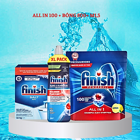 combo Viên rửa bát finish all in one 100 viên+Dung dịch Nước làm bóng finish 800ml +Muối rửa bát finish 1.5kg cho Máy rửa bát