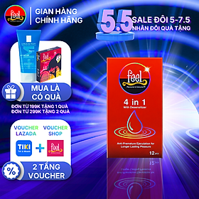 Bao cao su Feel 4 in 1 | Bao cao su kéo dài thời gian, size 52mm, hộp 12 bao
