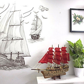 Mô Hình Thuyền Gỗ Chiến Cổ Napoleon Thân 40cm - Loại 2 - Buồm Đỏ