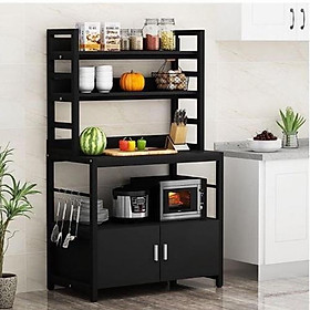 Kệ nhà bếp có cửa tủ đựng đồ nhiều tầng đa chức năng để lò nướng lò vi sóng,gia vị - Chân đen-mặt đen,Ngang 80cm