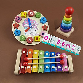 Đồ Chơi Gỗ Thông Minh Đàn Xylophone, Tháp Xếp Vòng, Đồng Hồ Học Hình Khối Màu Sắc Cho Trẻ Phát Triển Trí Tuệ - Tặng 40 Thẻ Học