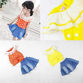 Set áo chấm bi cổ xoè và chân váy jean cho bé gái từ 20 đến 30 kg Quảng Châu 02165-02166(2)