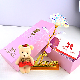 Quà Valentine 2021, Quà 8/3 Ý Nghĩa Tặng Vợ, Tặng Bạn Gái - Hoa Hồng Galaxy Phát Sáng Có Đèn Led Đế Chữ Love Kèm Gấu Bông Nhỏ Và Thiệp Chúc Mừng