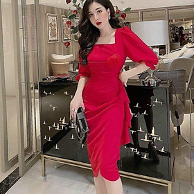 Đầm Dự Tiệc Tay Voan Thiết Kế Cổ Vuông Cài Bông Sang Chảnh