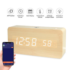 Đồng hồ vẫn gỗ hiển thị đèn LED thông minh có thể điều khiển qua ứng dụng tích hợp hiển thị nhiệt độ