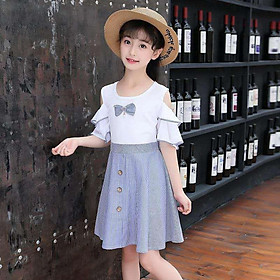 (E104) Váy trễ vai phối màu chân váy xòe kiểu dáng thời trang