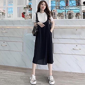 Váy bầu thời trang thiết kế kiểu yếm bầu kèm áo phông chất đũi hàn freesize từ 45 đến 70kg