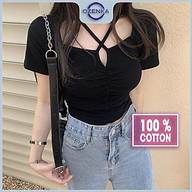 Áo croptop ngắn tay cổ sẻ v màu trơn nữ OZENKA , áo crt đen trắng form ôm body thun gân 100% cotton mềm mịn mát