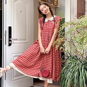 SHUANGYAN Vintage búp bê cổ cherry thêu đầm mùa hè 2023 lỏng lẻo ngọt ngào thiết kế cảm giác váy sọc đỏ