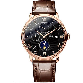 Đồng hồ nam chính hãng Lobinni L1023-2 Kính sapphire nguyên khối ,chống xước,chống nước 50m,mặt đen vỏ vàng hồng dây da nâu (đen) xịn, thép không gỉ 316L,Đồng hồ cơ (Automatic) ,BH 24 tháng, hàng mới 100%,thiết kế sun and moon trẻ trung và sang trọng