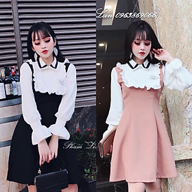Đầm Xòe Tiểu Thư Tay Dài Phối Màu cổ bèo HÀNG THIẾT KẾ