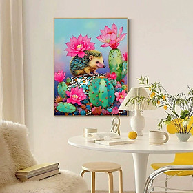Mua  Thêu 4 sợi  Tranh thêu kín Nhím nhỏ và hoa xương rồng xw3126  kích thước 50 x 65 cm