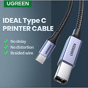 Cáp máy in USB Type-C to USB Type-B bọc dù Ugreen 1M, 2M, 3M Hàng chính hãng