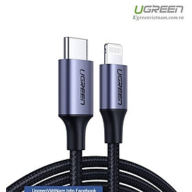 Cáp usb type c ra lightning bọc nhôm chống nhiễu 0.25m màu đen ugreen 60759 1m - Hàng Chính Hãng