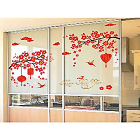 Decal trang trí- cành đào,chim én , đèn lồng đỏ